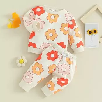 Повседневный костюм для маленьких девочек на возраст 6 месяцев, 12 месяцев, 18 месяцев, 24 месяцев, топы с длинными рукавами и цветочным принтом из мультфильмов + длинные брюки с принтом 6-12 Months жёлтый
