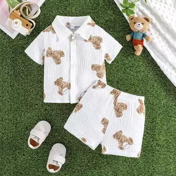 Повседневный костюм для маленьких мальчиков от 6 месяцев до 2 лет, одежда для мальчиков, летний круглый вырез с короткими рукавами + брюки, модный универсальный комплект из двух предметов для отдыха 6-9M