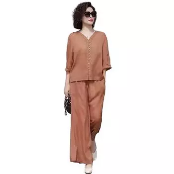 Повседневный костюм-двойка для женщин 45720 Рубашка на пуговицах с рукавами Широкие брюки Комплект L коричневый