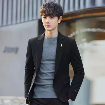 Повседневный костюм корейской версии, облегающий красивый деловой костюм, весенне-осенний тренд, мужской маленький пиджак S чёрный