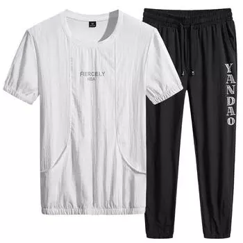 Повседневный костюм мужской летний Ice Silk Plus Fat Plus Plus Plus Plus Size Fat футболка с короткими рукавами спортивные укороченные брюки XXXXXL/100-110KG белый