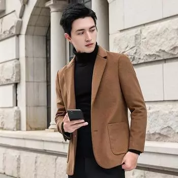 Повседневный костюм осень и зима новый шерстяной костюм мужской модный тонкий шерстяной маленький костюм мужской пиджак топ M жёлтый