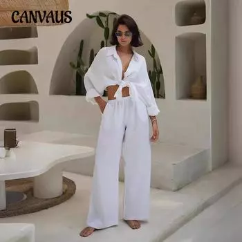 Повседневный костюм с длинным рукавом, осенний женский свободный повседневный костюм из хлопка с рубашкой и длинными брюками S белый