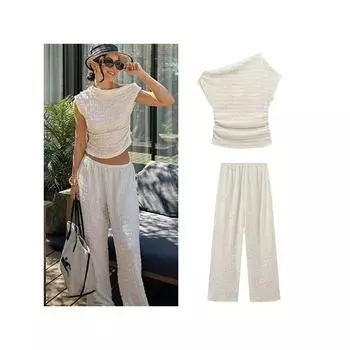 Повседневный костюм с длинными брюками для женщин, свободный, однотонный, эластичный, без рукавов, нестандартный, женский, модный, с высокой талией, пышный комплект из 2 предметов для леди S