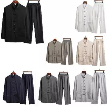 Повседневный костюм с длинными рукавами, весенне-осенний мужской ретро-костюм в китайском стиле из хлопка и льна Hanfu 165 зелёный