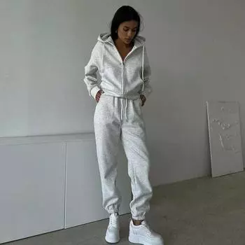 Повседневный костюм с капюшоном на молнии для женщин, свободная короткая куртка с высокой талией, эластичные брюки для бега, комплекты, осенний спортивный наряд для отдыха на открытом воздухе S армия зеленый