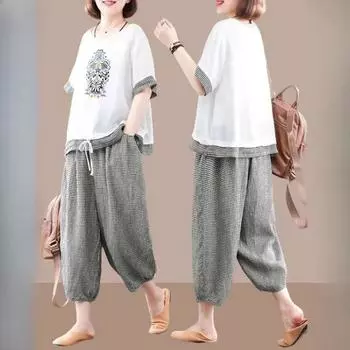 Повседневный костюм в стиле ретро в этническом стиле, женский летний свободный модный клетчатый костюм из двух частей XXXXXL белый