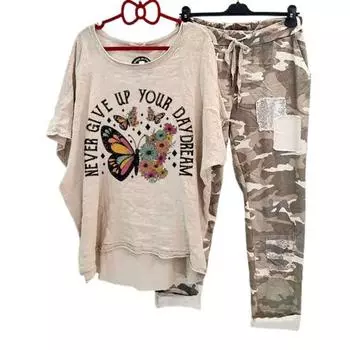 Повседневный костюм, женская блузка из хлопка и льна с теплопередачей, камуфляжные спортивные штаны с принтом S