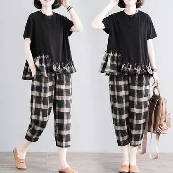 Повседневный костюм женский летний модный клетчатый свободный большой размер женский утягивающий и уменьшающий возраст костюм из двух частей XXXXL чёрный