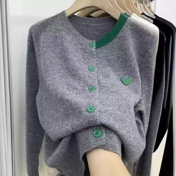 Повседневный круглый вырез контрастный свитер женское пальто осень и зима свободная вышивка Love Fashion вязаный кардиган S зелёный