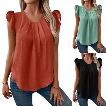 Повседневный круглый вырез пуловер с короткими рукавами футболка однотонный топ с рукавами в виде листьев для женщин L чёрный