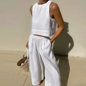 Повседневный летний комплект из двух предметов, комплект без рукавов, топы с круглым вырезом и свободные широкие брюки, женский однотонный костюм из 2 предметов, одежда 27723 S тёмно-синий