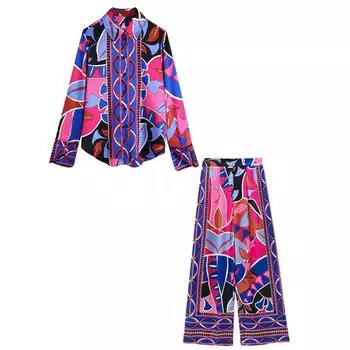 Повседневный летний костюм со струящимся принтом, свободная пижама для женщин, комплект из 2 предметов с длинным рукавом и широкими штанинами, женская пижама, винтажная уличная одежда XS