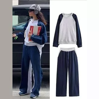 Повседневный лоскутный джинсовый свитшот, брюки, комплекты, женский О-образный вырез, контрастный топ, брюки с высокой талией, женский костюм 2024 года, осенняя женская уличная одежда XS