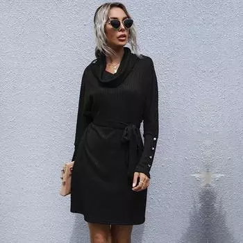 Повседневный модный и элегантный осенний черный многослойный воротник однотонный трикотажный свитер платье длинный рукав S бордовый