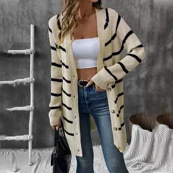 Повседневный модный и универсальный свитер-кардиган в полоску абрикосового цвета на осень средней длины для женщин S абрикосовый