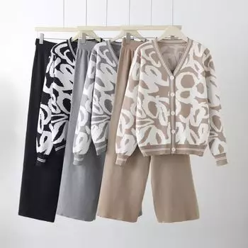 Повседневный модный костюм осень-зима новый свободный кардиган с леопардовым принтом вязаное пальто свитер брюки с высокой талией винтажный костюм из двух частей S серый
