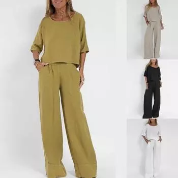 Повседневный модный пляжный костюм с карманами и брюками, весенне-летний костюм из двух частей с короткими рукавами из хлопка и льна, однотонный XXXXXL белый