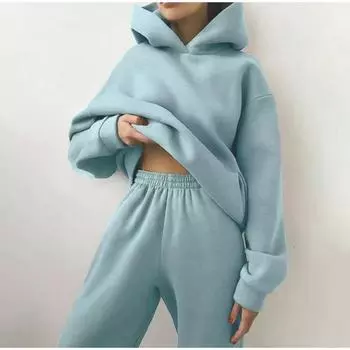 Повседневный модный утолщенный свитер с длинными рукавами, длинные брюки, женский спортивный костюм из двух частей S чёрный