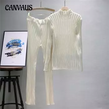 Повседневный модный женский костюм осень-зима обтягивающий сексуальный трикотажный свитер брючный костюм One Size абрикосовый