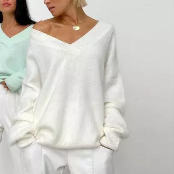 Повседневный мягкий свитер женский свободный V-образный вырез базовый трикотажный пуловер простой теплый джемпер с длинным рукавом трикотаж простой дорожный One size слоновая кость