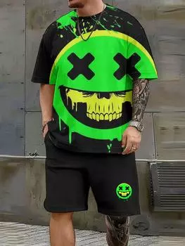 Повседневный мужской комплект из двух частей с круглым вырезом, короткими рукавами и шортами. Модный тренд. Костюм-двойка с принтом смайлика дьявола. S