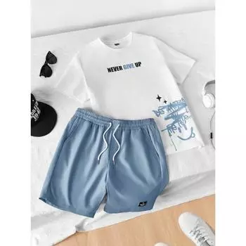 Повседневный мужской комплект из двух предметов для отдыха на открытом воздухе с футболкой с круглым вырезом и принтом в виде смайлика, коротким рукавом и шортами M