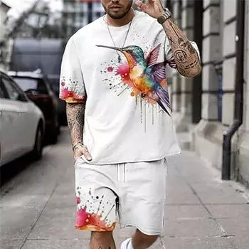 Повседневный мужской комплект с графическими принтами в виде животных и птиц, шорты, футболка, уличная футболка для повседневного отдыха, футболка с короткими рукавами и круглым вырезом