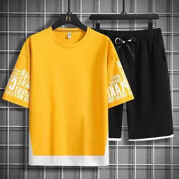 Повседневный мужской комплект с круглым вырезом и коротким рукавом, хлопковая футболка и шорты, модный комплект из двух предметов, мужской модный уличный спортивный костюм M