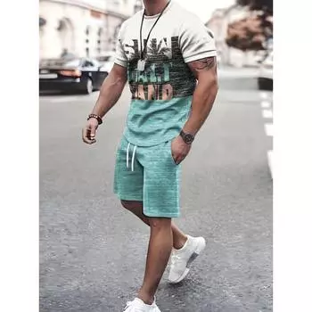 Повседневный мужской костюм в стиле отпуска с принтом кокосовой пальмы, круглым вырезом и короткими рукавами, модный повседневный костюм из двух предметов для мужчин S