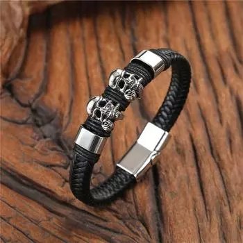 Повседневный мужской кожаный браслет, винтажный черный кожаный браслет, регулируемый размер, винтажный браслет в форме черепа для подарка на День святого Валентина чёрный