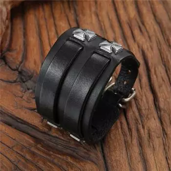 Повседневный мужской кожаный браслет, винтажный черный кожаный браслет, регулируемый размер, винтажный однотонный браслет для повседневной носки мужчин чёрный
