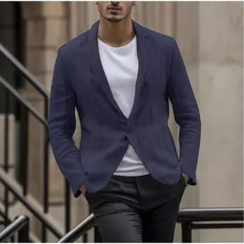 Повседневный мужской осенний пиджак на пуговицах, однотонный, дышащий, с карманами, в стиле пэчворк, с длинным рукавом, из хлопка и льна, мужские куртки M тёмно-синий