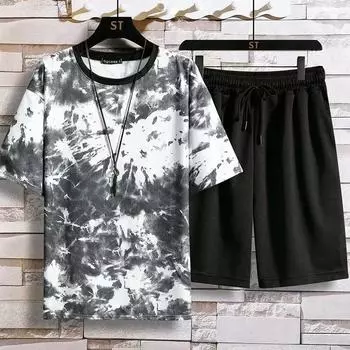 Повседневный мужской спортивный костюм, новинка лета 2023, футболка из ледяного шелка с коротким рукавом и шорты, комплект стильной подходящей мужской одежды 2XL