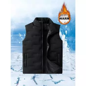 Повседневный мужской жилет-стойка из полиэстера с карманами, осенне-зимний - стандартный крой, однотонный узор, неэластичная ткань M чёрный