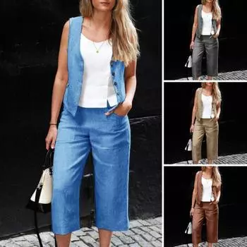 Повседневный наряд со средней посадкой, модный цветной универсальный офисный жилет, пальто, комплект брюк длиной до икры L серый