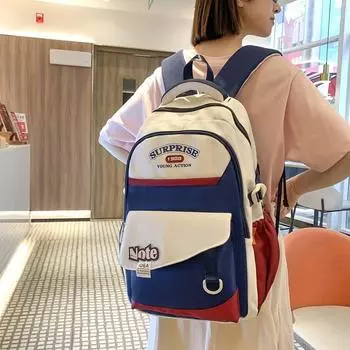Повседневный нейлоновый студенческий рюкзак с отделением для ноутбука, дизайн с цветными блоками для старшеклассников и студентов колледжей синий