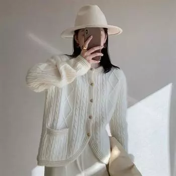 Повседневный нежный ветерок с круглым вырезом, вязаный кардиган, свитер, весна 2022, однотонный женский свитер с небольшим ароматом, томный мохер, свитер, пальто-кардиган One Size бежевый