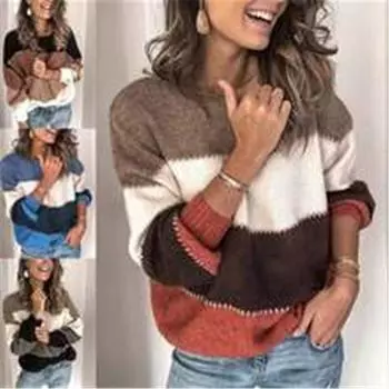 Повседневный новый полосатый свитер с длинными рукавами, женский вязаный пуловер с круглым вырезом 4XL чёрный