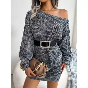 Повседневный один воротник с открытыми плечами цветной фонарь рукава трикотажный свитер с длинными рукавами платье (За исключением ремня) S оранжевый