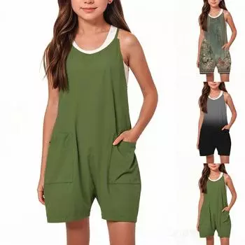 Повседневный однотонный комбинезон без рукавов для девочек M чёрный