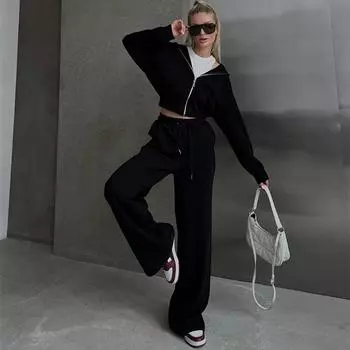 Повседневный однотонный комплект с капюшоном и брюками для женщин, короткая толстовка с длинным рукавом и молнией, узкие брюки на шнурке 2025 года, весна-осень, новый женский спортивный костюм S чёрный