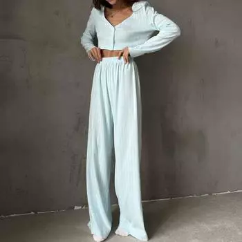 Повседневный однотонный костюм с V-образным вырезом, футболкой и брюками, укороченным топом с длинными рукавами, эластичной талией, широкими брюками, весенним домашним нарядом S белый