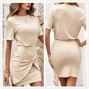 Повседневный однотонный облегающий чехол с круглым вырезом S абрикосовый