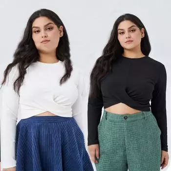 Повседневный однотонный пуловер с круглым вырезом, Женская шикарная футболка с длинными рукавами и запахом спереди, завязка на узле и рюшами, футболка больших размеров, облегающий укороченный топ, пригородный укороченный топ XL чёрный