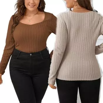 Повседневный однотонный пуловер с квадратным вырезом, женская трикотажная футболка в рубчик с длинным рукавом, эластичная талия, обтягивающий укороченный топ больших размеров, базовая футболка XL темно-коричневого