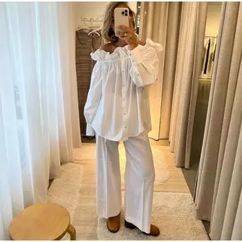 Повседневный однотонный женский комплект с косым вырезом, оборками, длинными рукавами, однобортная рубашка, широкие брюки, женские комплекты весна-лето 2025 г. S белый