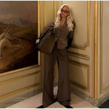 Повседневный пиджак, брюки, костюмы, женские, узкие, с коротким рукавом, V-образным вырезом, однобортный комплект, женский, весна 2025, новые широкие брюки, комплект из 2 предметов S коричневый