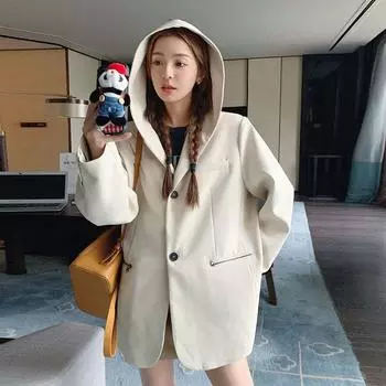 Повседневный пиджак с капюшоном белого цвета для женщин, весна и осень, новый корейский стиль, маленький костюм S