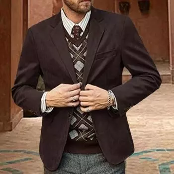 Повседневный пиджак Yousheng с лацканами, длинным рукавом, на двух пуговицах, классический крой, с карманами-клапанами, короткая плюшевая деловая верхняя одежда L хаки